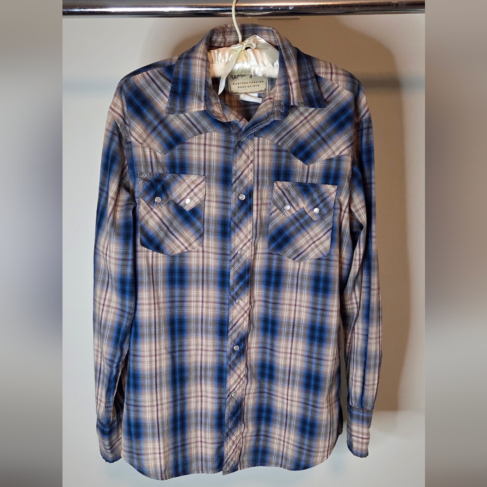 Vtg Wrangler Pearl Snap Button Down Shirt Sz Medium Blue Plaid Western Rodeo